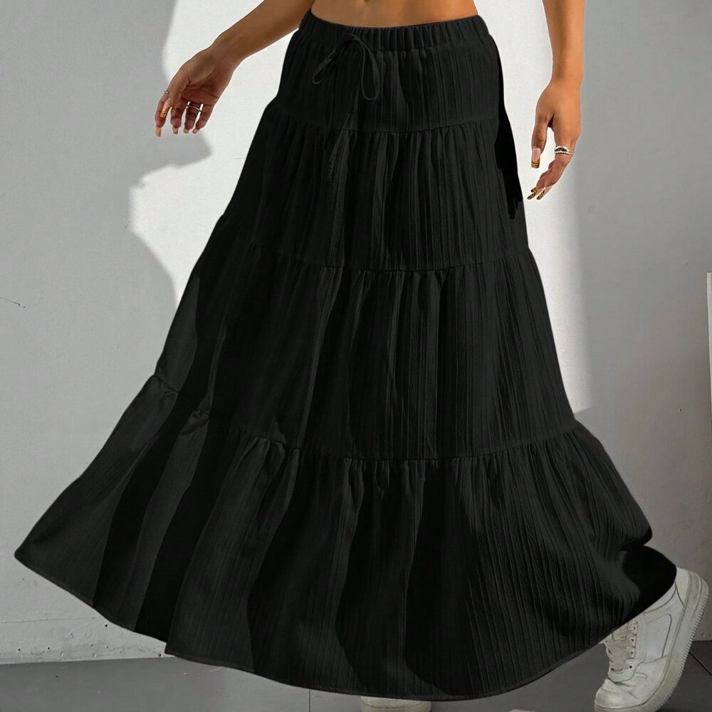 Black Casual Boho Women's Textured Flared Maxi Skirt